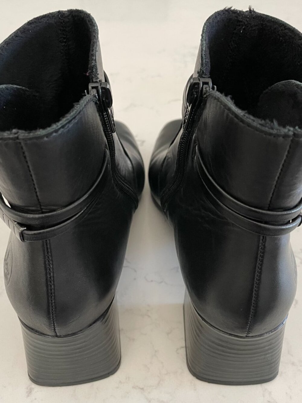 Rieker Block Heel Square Toe Leather Booties w Metal Hardware Detail Black Sz 38 - Picture 6 of 14